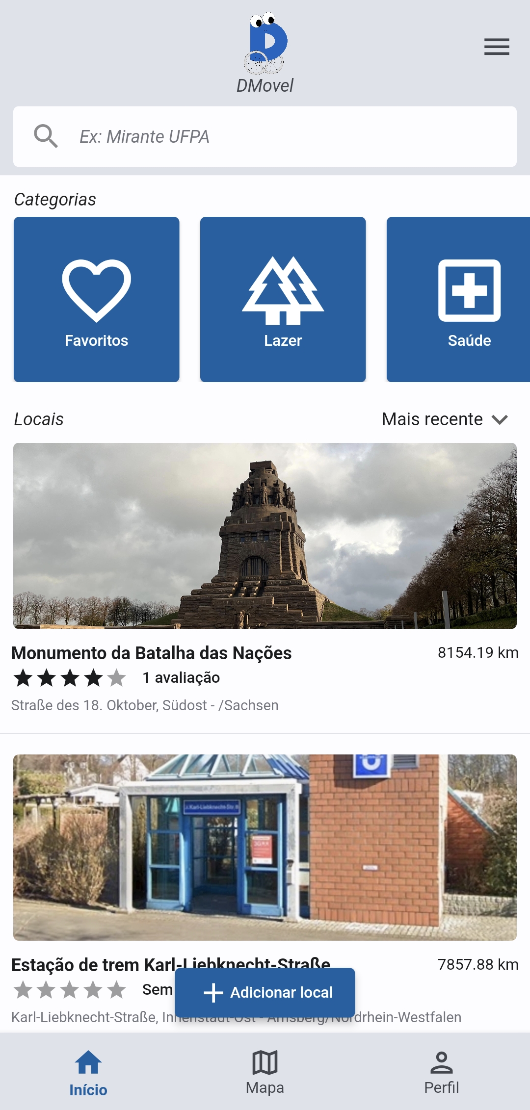  A imagem exibe a Tela inicial do aplicativo DMOVEL.